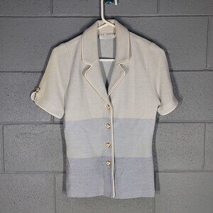 St. John Collection Knit Short Sleeve Jacket Blazer - Light Blue Stripe - Small